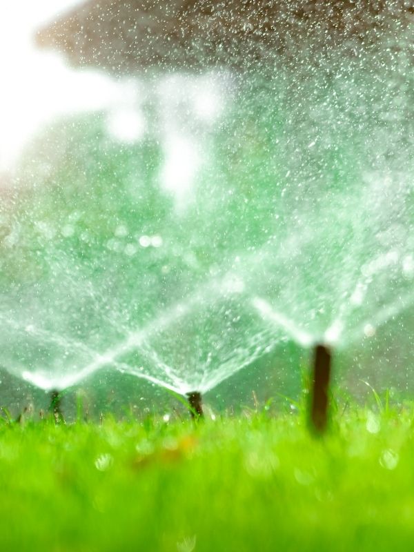 A lawn irrigation working to water a beautiful green lawn.